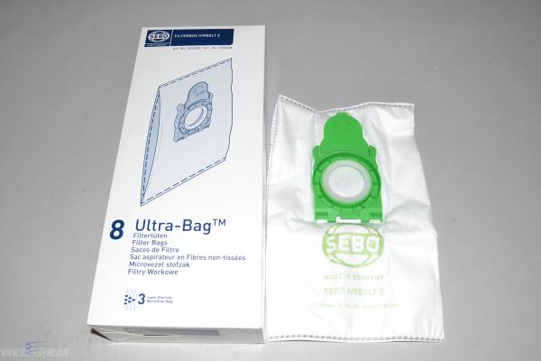 SEBO Filter Bag Box Airbelt E, 8 Three-Layer Ultra Bags with caps 8300AM