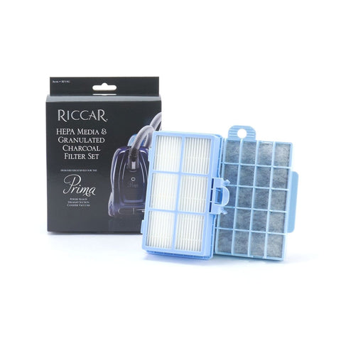 Riccar RF19G Premium Filter Set for Prima canisters includes one pleated HEPA media filter cartridge and one granulated charcoal filte