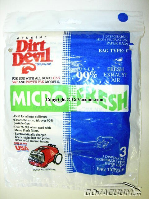 Royal / Dirt Devil Paper Bags 3 bags Type F Part# 3300475001
