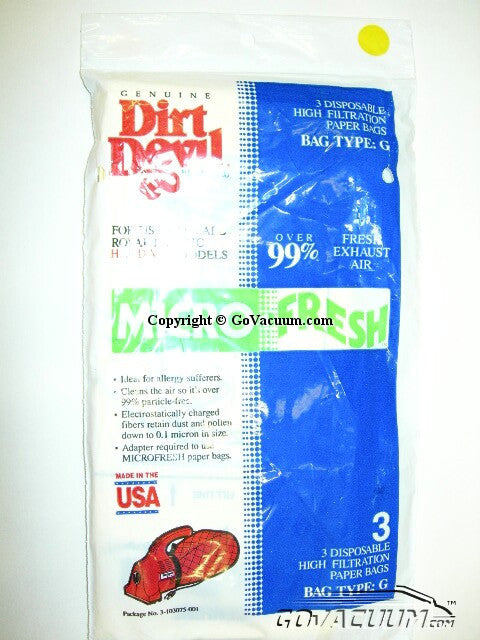 Dirt Devil 3-103075-001 Type G Bags- Microfresh 3 Pack