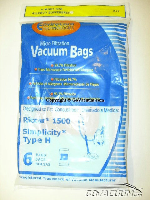 Simplicity Type H Micro Filtration Vacuum Cleaner Bags - 6 in a pack