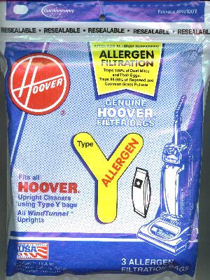 3 Hoover Replacement Type Y Upright Vacuum Cleaner Bags 4010100Y 3 bags Made in The USA!